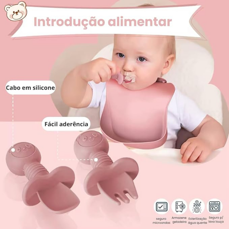 Kit introdução alimentar bebê 8 peças em silicone premium | Rosa escuro