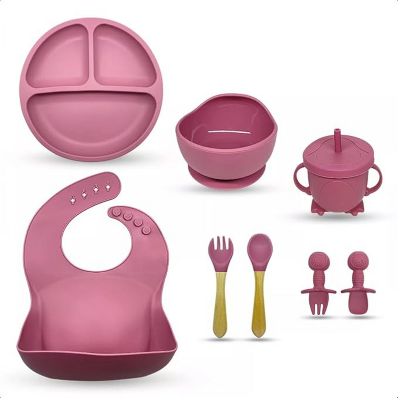 Kit introdução alimentar bebê 8 peças em silicone premium | Rosa escuro