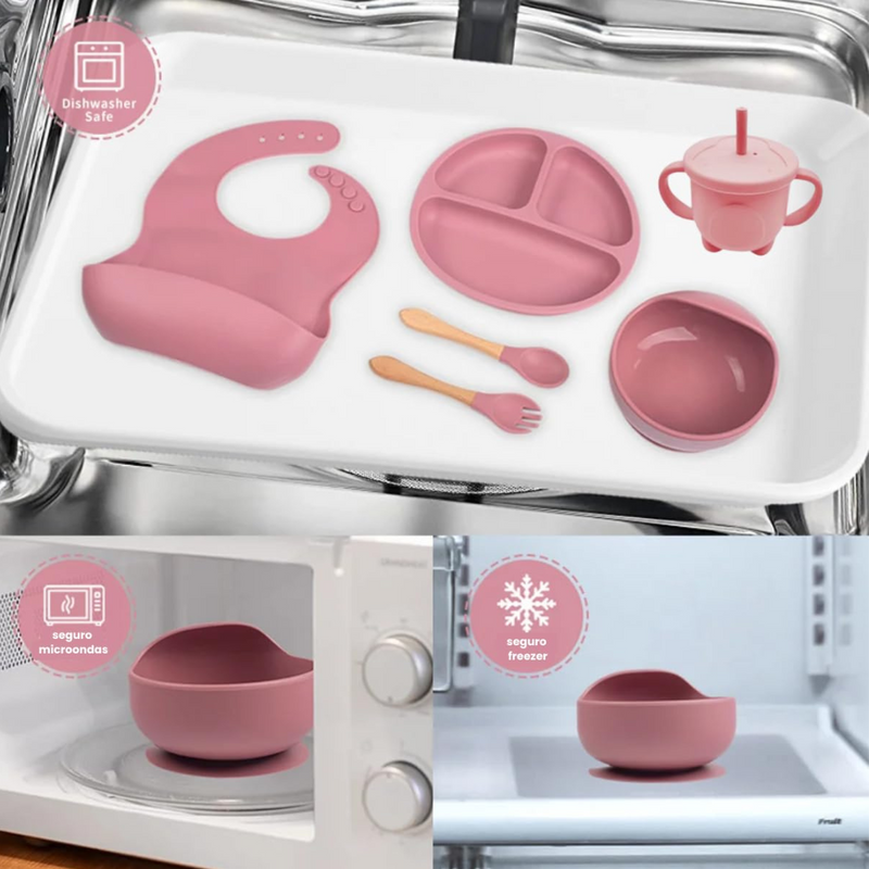 Kit introdução alimentar bebê 8 peças em silicone premium | Rosa escuro