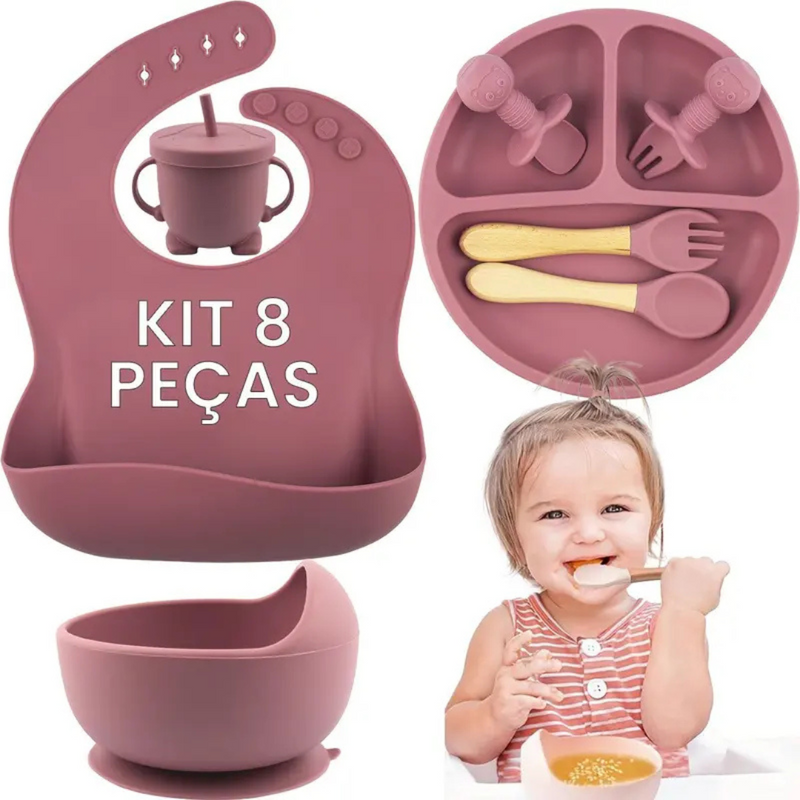 Kit introdução alimentar bebê 8 peças em silicone premium | Rosa escuro