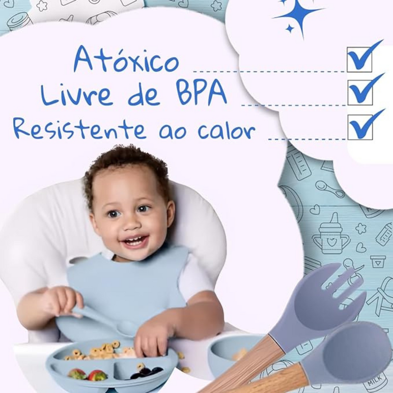 Kit introdução alimentar bebê 8 peças em silicone premium | Azul escuro