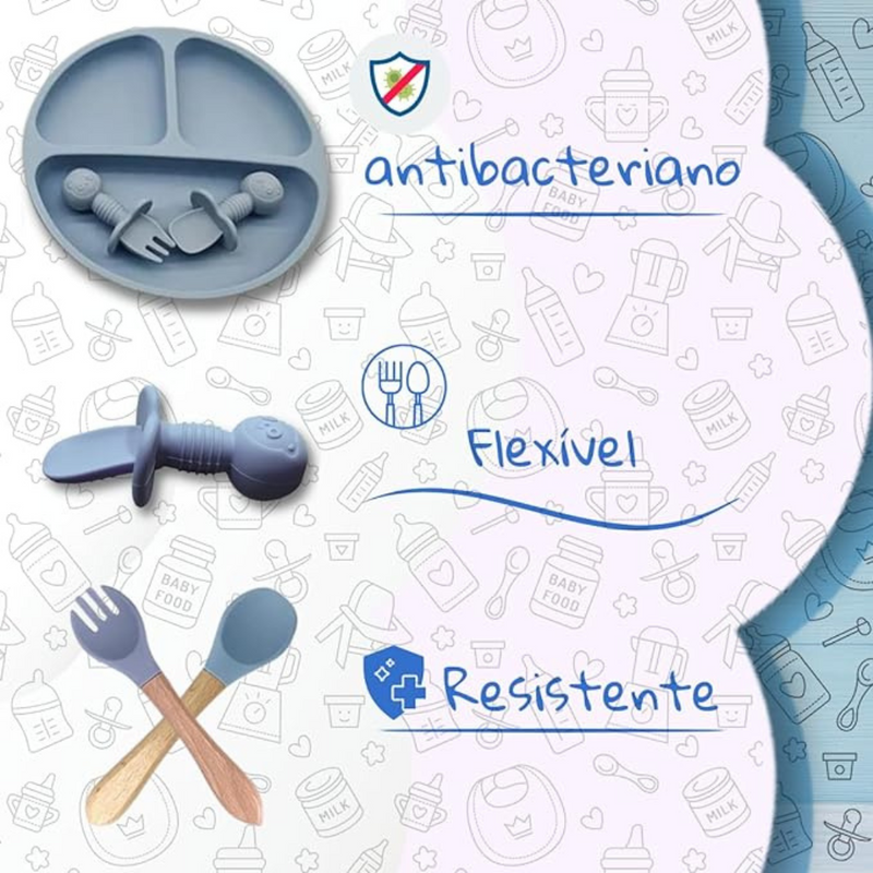 Kit introdução alimentar bebê 8 peças em silicone premium | Azul escuro