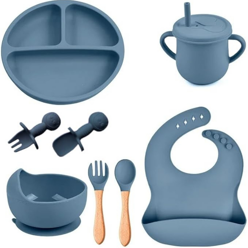 Kit introdução alimentar bebê 8 peças em silicone premium | Azul escuro