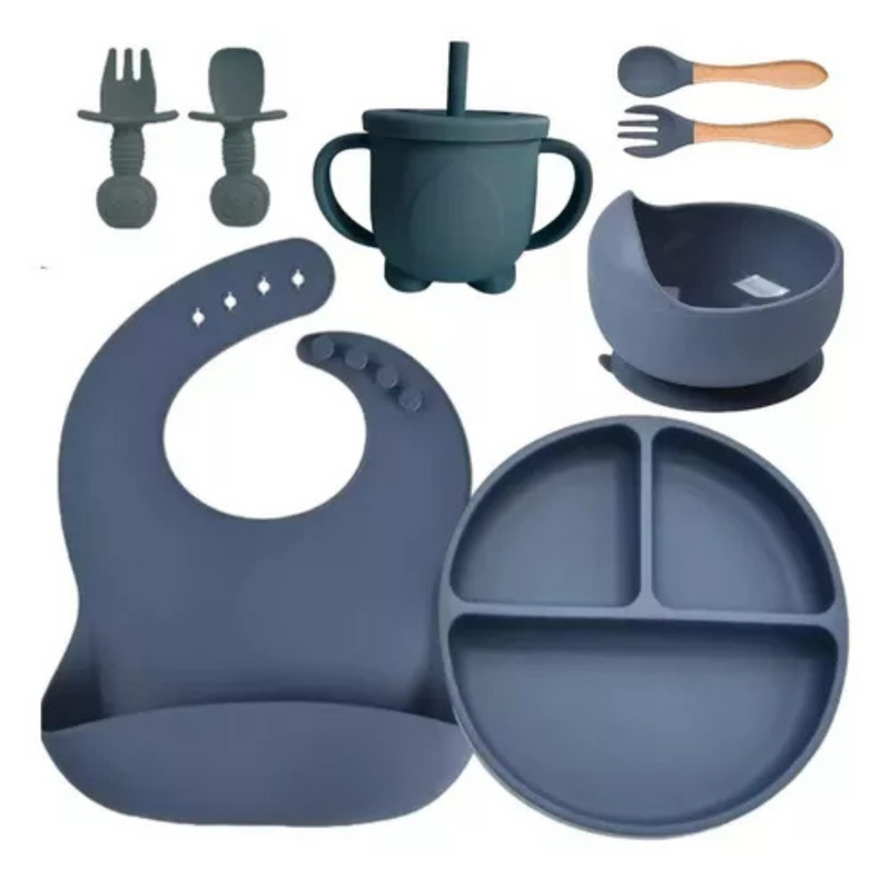 Kit introdução alimentar bebê 8 peças em silicone premium | Azul escuro