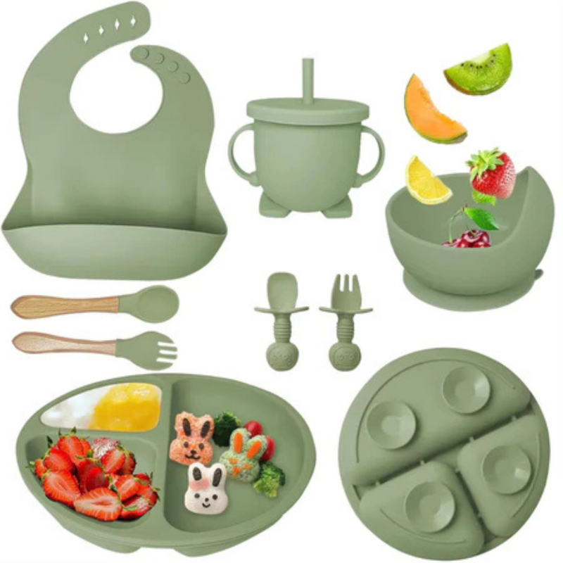 Kit introdução alimentar bebê 8 peças em silicone premium | Verde escuro