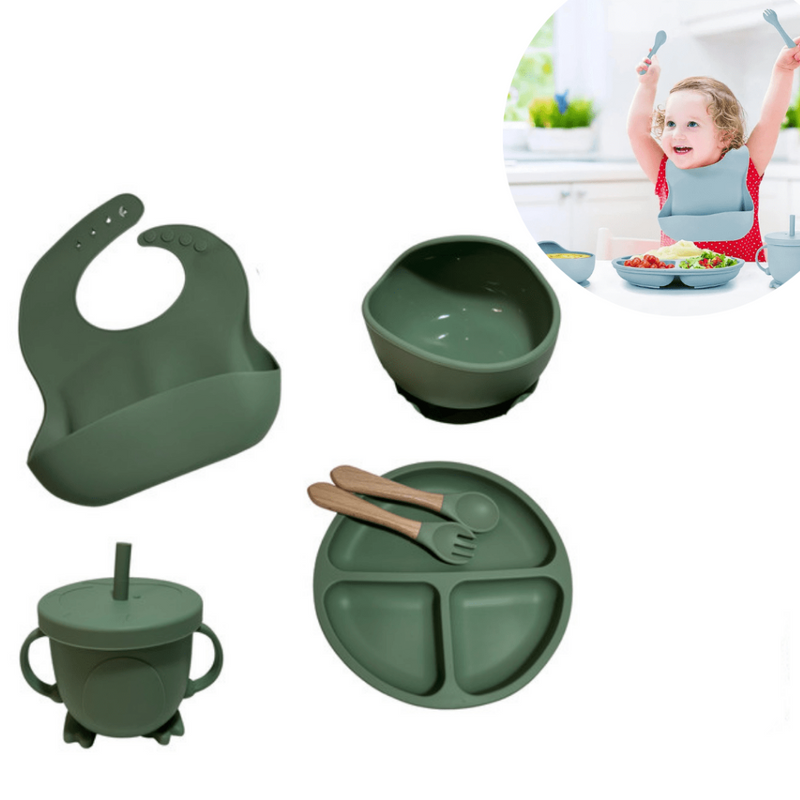 Kit introdução alimentar bebê 8 peças em silicone premium | Verde escuro