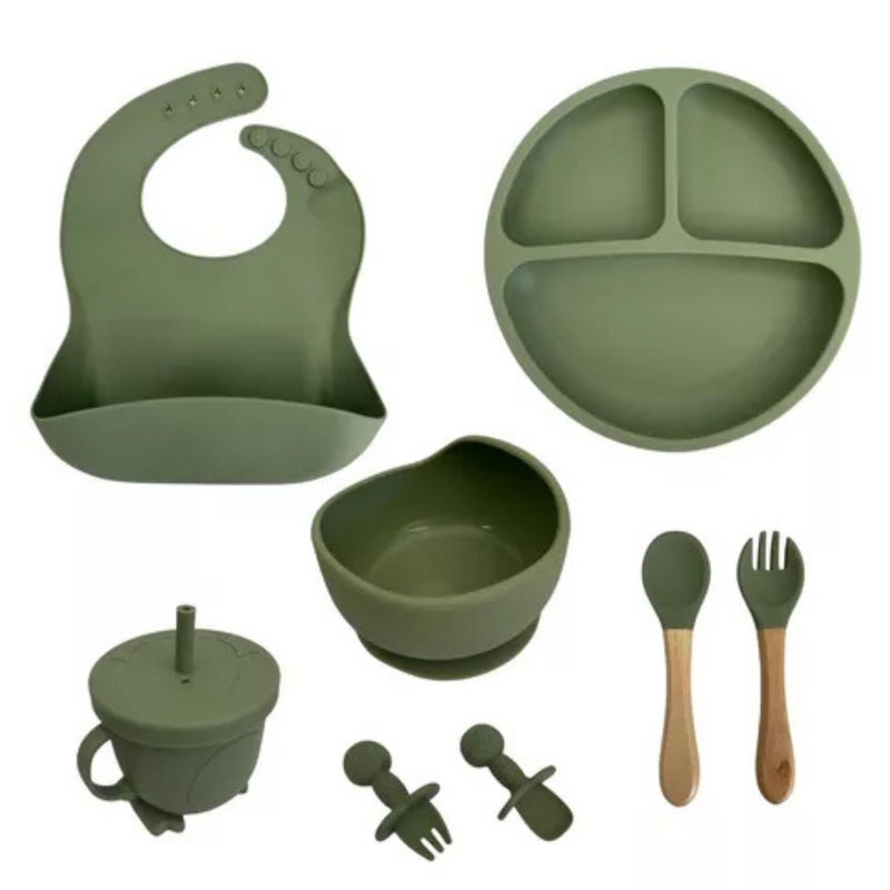 Kit introdução alimentar bebê 8 peças em silicone premium | Verde escuro