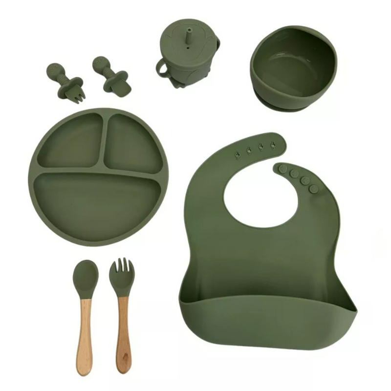 Kit introdução alimentar bebê 8 peças em silicone premium | Verde escuro