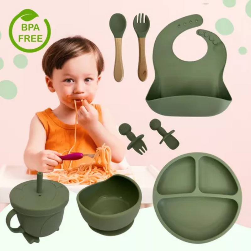 Kit introdução alimentar bebê 8 peças em silicone premium | Verde escuro