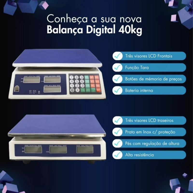 Balança eletrônica recarregável | 40kg Bivolt 110/220V digital