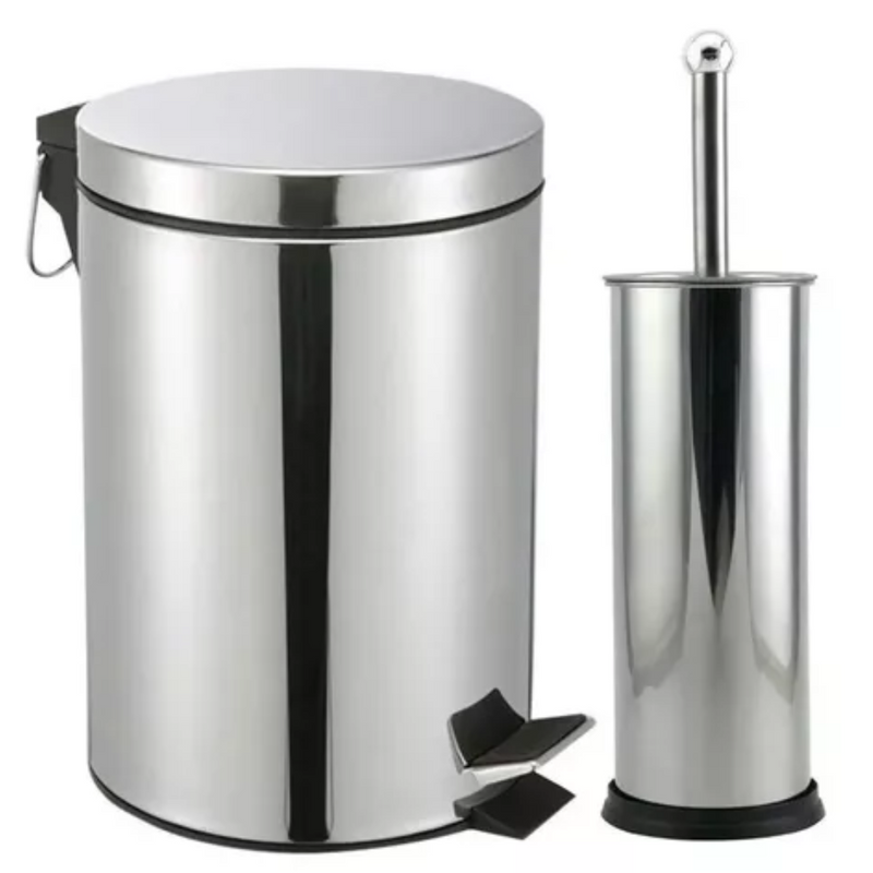 Lixeira inox 5 litros + Escova sanitária com suporte | Em aço inox