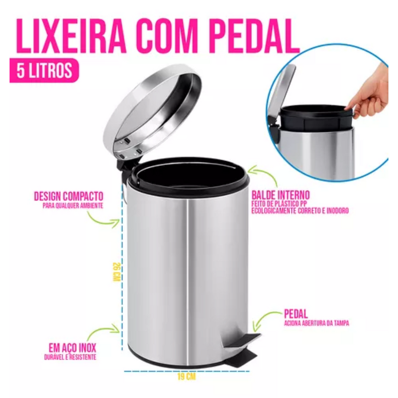 Lixeira inox 5 litros + Escova sanitária com suporte | Em aço inox