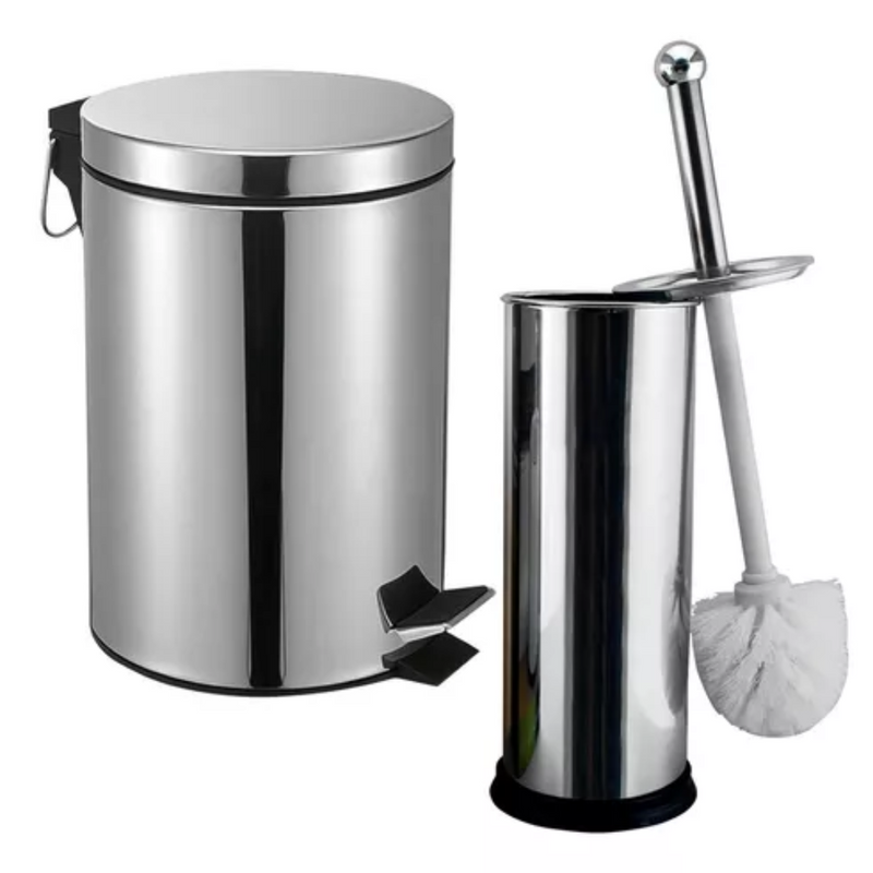 Lixeira inox 5 litros + Escova sanitária com suporte | Em aço inox