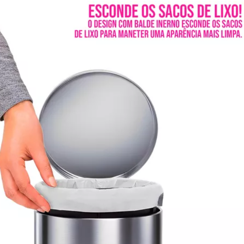 Lixeira inox 5 litros + Escova sanitária com suporte | Em aço inox