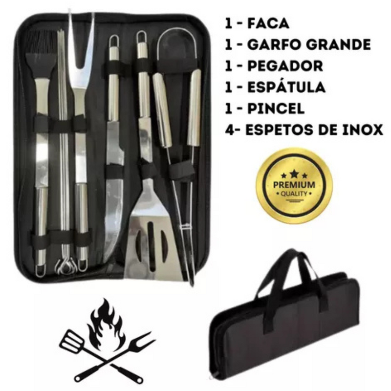 Kit profissional para churrasco com 9 peças em inox | Com maleta