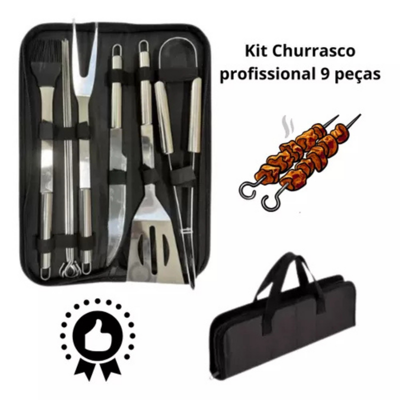 Kit profissional para churrasco com 9 peças em inox | Com maleta