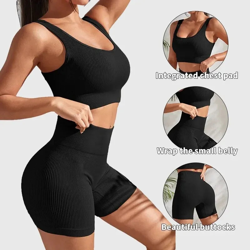 Conjunto fitness sem costura feminino | Top cropped e shorts de cintura alta