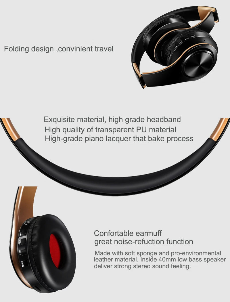 Fones de ouvido HiFi stereo bluetooth | Headphone com microfone e suporte para cartão SD