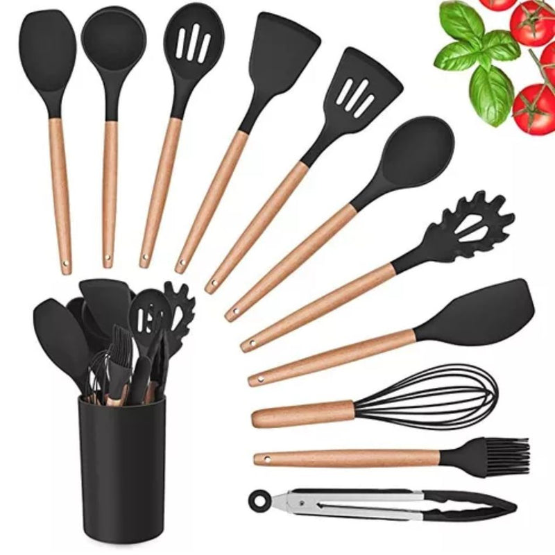 Utensílios de cozinha Aplausi em silicone e cabo de madeira | Com 12 peças