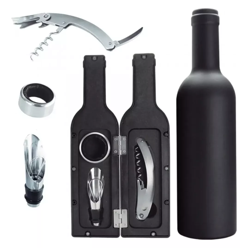 Kit abridor saca rolhas/tampa/dosador de vinho em forma de garrafa | Inox Clink